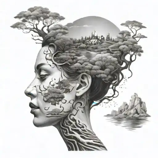 Black And White Landscape Merged With A Womans Head Partially Submerged