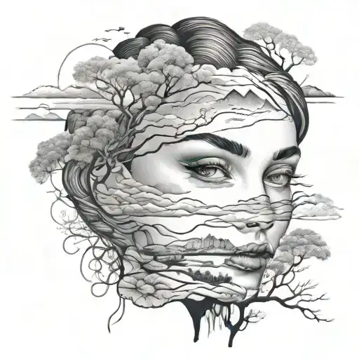 Black And White Landscape Merged With A Womans Face