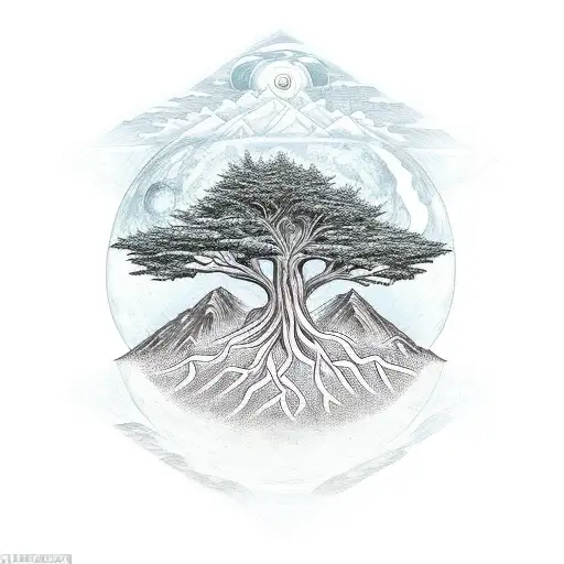 A Cedar Tree With Its Roots And An Owl's Eye Inside A Rhombus And A Mountain Inside The Moon