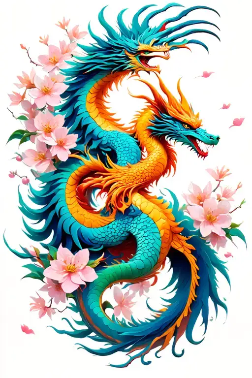 Entwined Phoenix And Dragon With Cherry Blossoms