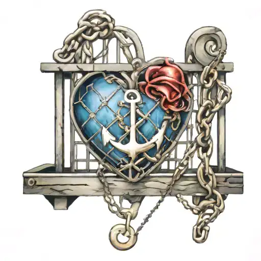 A Heart In A Cage With An Anchor Chained