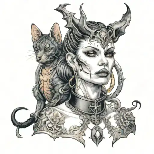 Succubus With Dog Collar And Leash On Neck Tattoo Design
