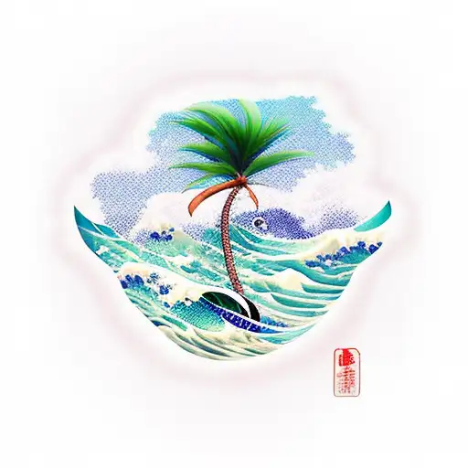 A Japanese Traditional Ocean Wave Butterlies And A Palm Tree