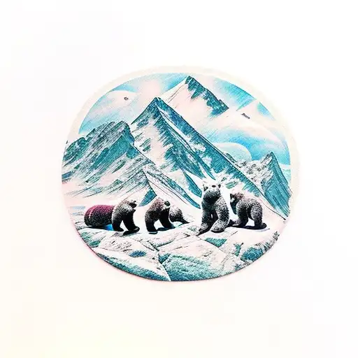 Mountain Scene With 4 Bears