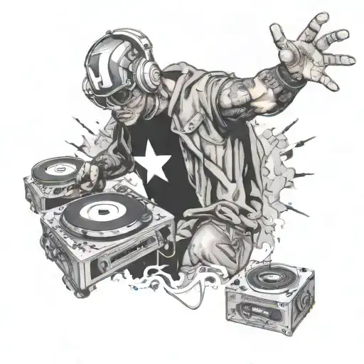 A Black-grey Tattoo Of A Marvel Superhero Djing At A Concert With A Crowd Of Fans In The Background