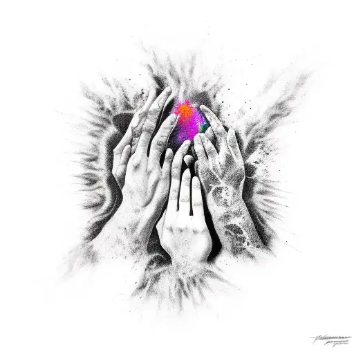 Two Black And White Shadows Touching At The Hands And Color Exploding Form That Point