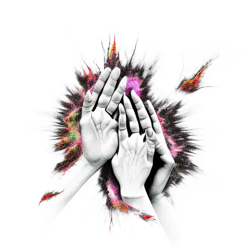 Two Black And White Shadows Touching At The Hands And Color Exploding Form That Point