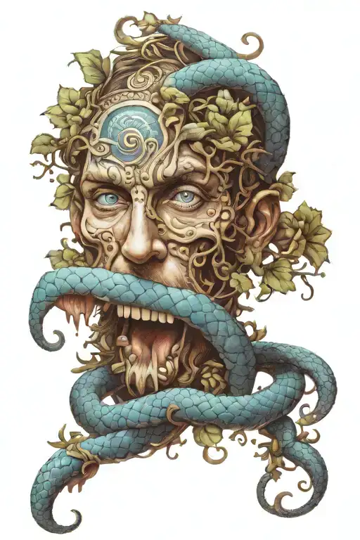 Dionysus God With Blue Eyes And With Blue Snake Wrapped Going Through Eyes