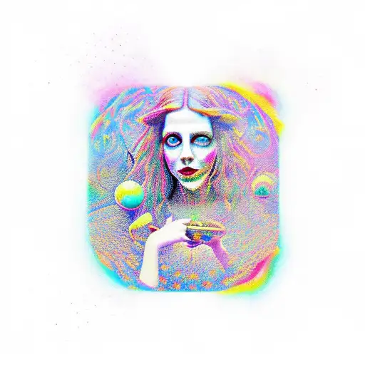 A Psychedelic Scene Of Alice In Wonderland Surrounded By Magical Mushrooms And Pink Floyd References