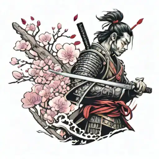 A Samurai In Armor Holding A Katana In Front Of Him In Blood And Dissolving Into Sakura Petals