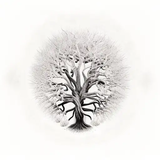 Dead Tree Of Life With No Leafs And Skulls In The Bark And Branches And Roots Of The Tree