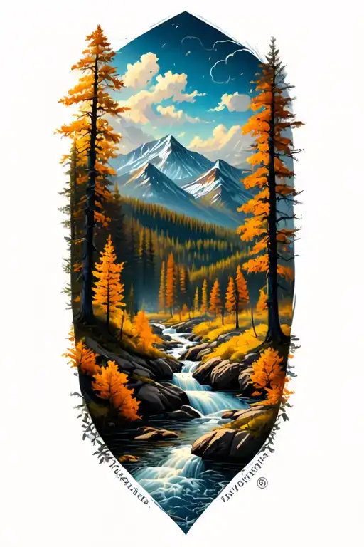Detailed Fall Forest Landscape Featuring Mountains And A Flowing River