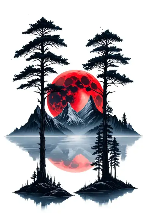 Red Moon Over Mountains And Forest