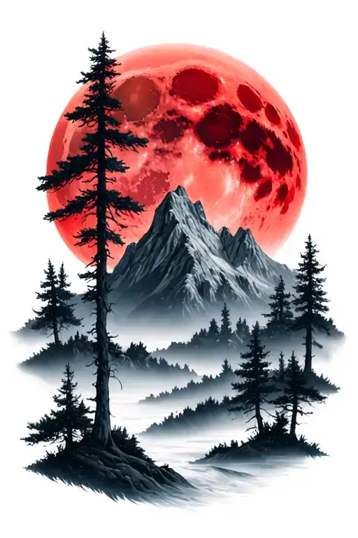 Red Moon Over Mountains And Forest