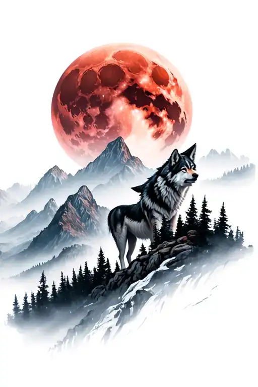 Large Red Moon Mountains And Forest Scene With Wolf