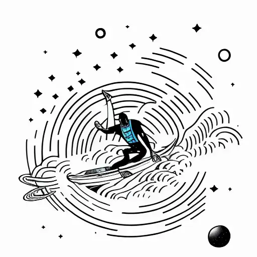 A Minimalist Tattoo Of A Surfer Riding A Cosmic Wave In Outer Space