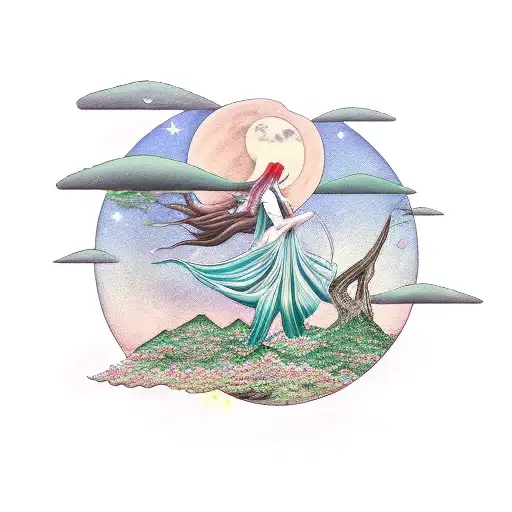 Elegant Female Hermit With Crescent Moon And Cypress In Background