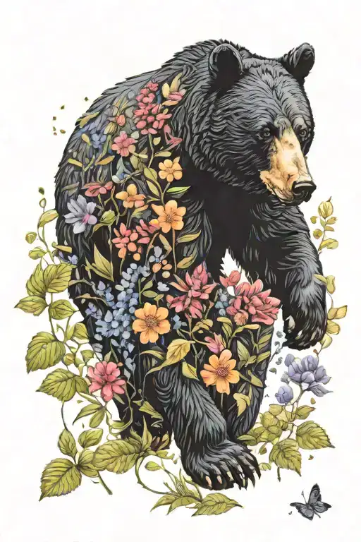 Black Bear Walking Through A Forest Of Flowers In Bloom