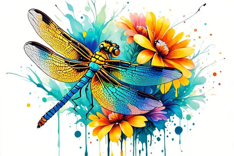 Dragonfly With Flowers And Body Paint Splatters