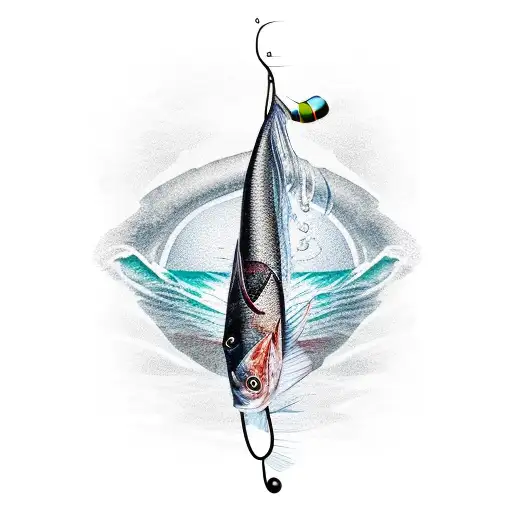 A Dotwork Design Of A Fishing Rod And Reel With A Tuna Fish Jumping Out Of The Water