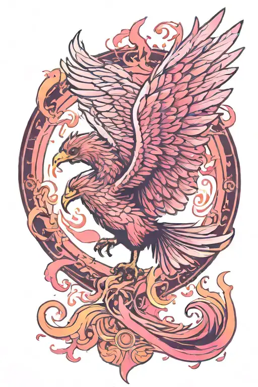 Flaming Phoenix With Outstretched Wings And Touches Of Pink