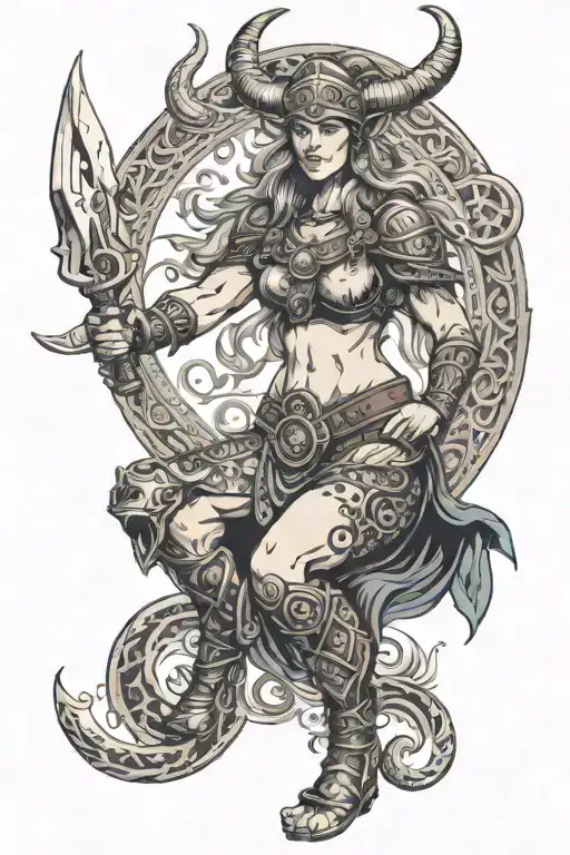 Taurus Zodiac Symbol With A Viking Warrior Woman Posing