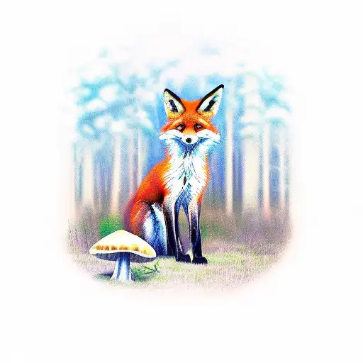 Fox In Forest With Mushroom