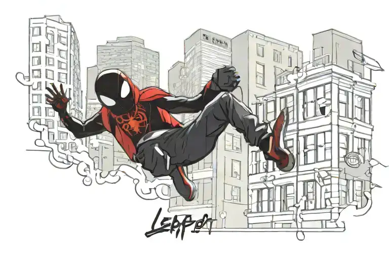 Leap Of Faith Miles Morales Back Flip With Building Behind And Words