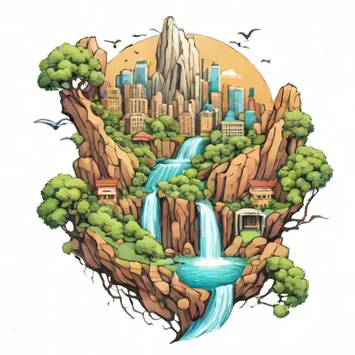 City Skyline Mixed With Natural Waterfall And Mountains