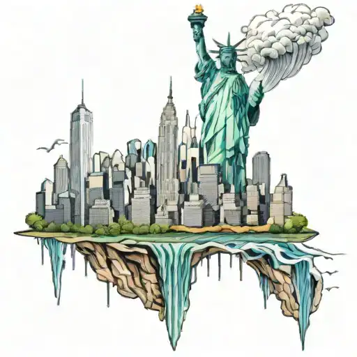 New York City Skyline Mixed With Natural Waterfall And Mountains