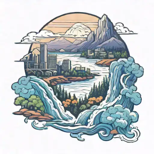 Portland City Skyline Mixed With Natural Waterfall And Mountains