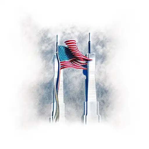 The Twin Towers With American Flag Weaving Through