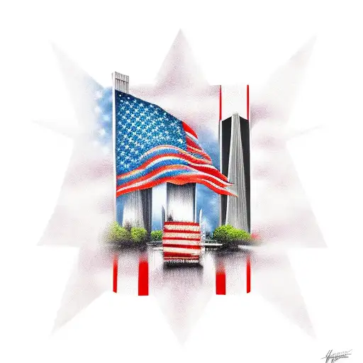 American Flag Behind Twin Towers Featuring A Compas