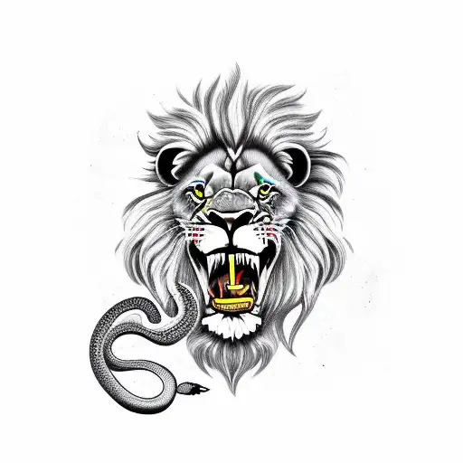 A Lion Biting Snake