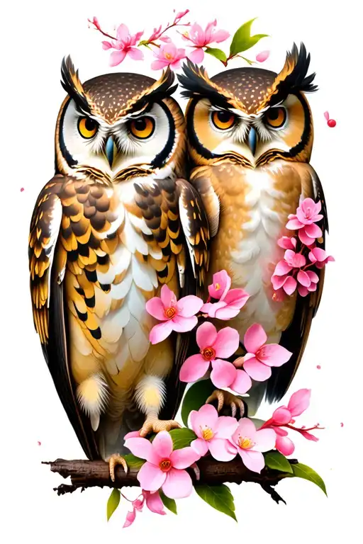 Two Owl And Cherry Blossoms
