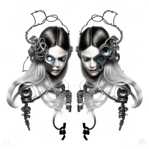 Cyborg Gemini Sisters Hair Tangled Together Conjoined Calm Faces Slight Smile Wide Composition