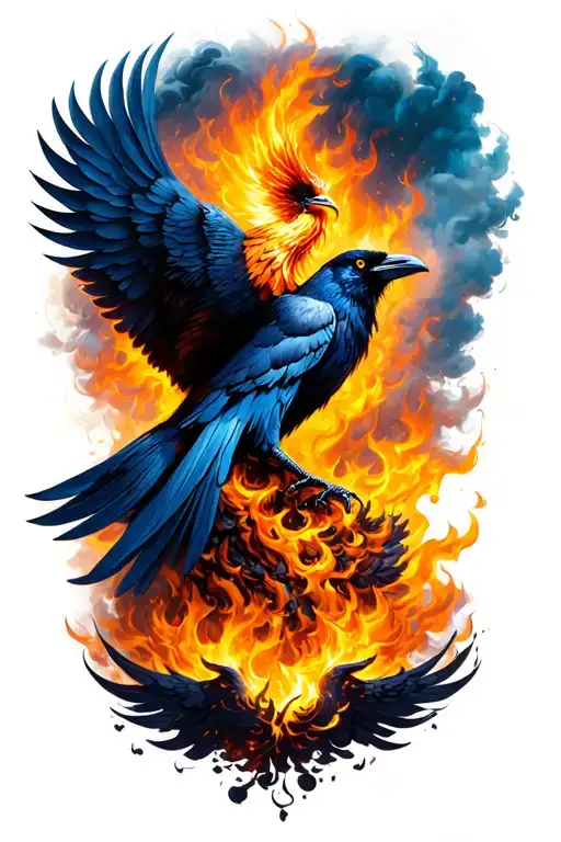 Crow And Phoenix Rising From The Ashes