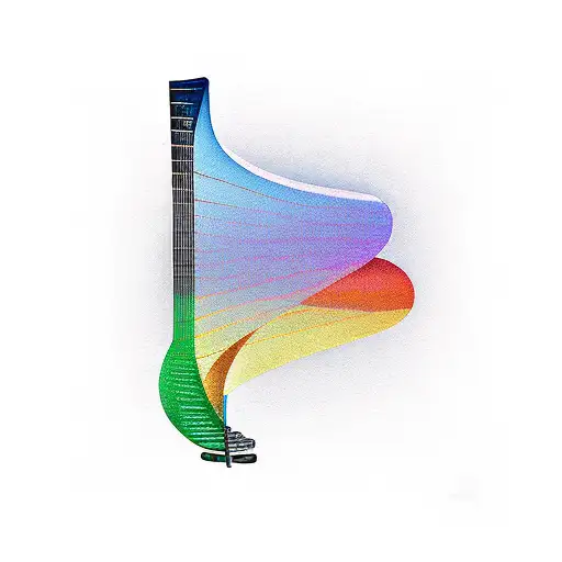 A Minimalist Design Of A Harp Guitar And Piano Keys Forming A Rainbow Shape