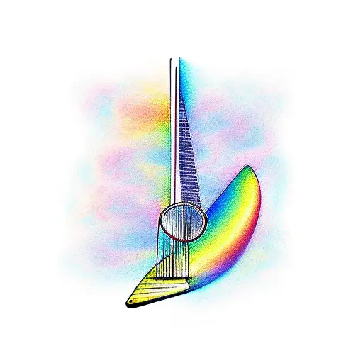 A Minimalist Design Of A Harp Guitar And Piano Keys Forming A Rainbow Shape