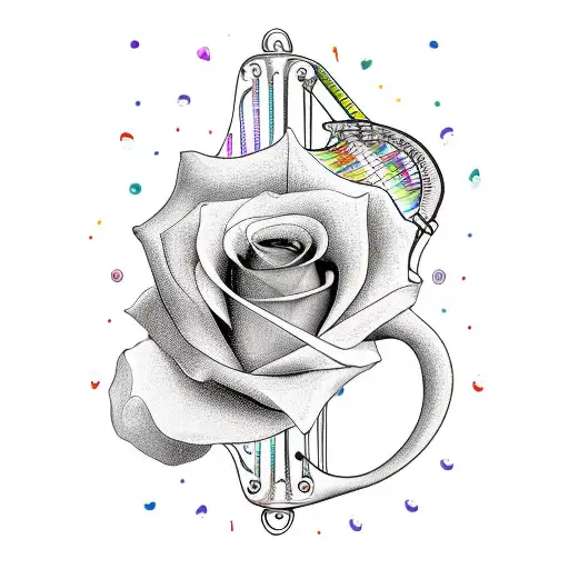 A Stylized Harp Guitar With A Vibrant Rainbow-colored Soundhole In The Shape Of A Rose