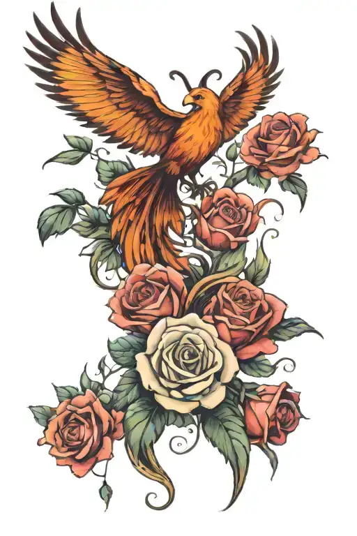 Phoenix With Roses And Butterflies Fluttering