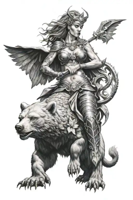 Sexy Valkyrie With A Warrior Bear Wrapped By A Dragon Breathing Fire