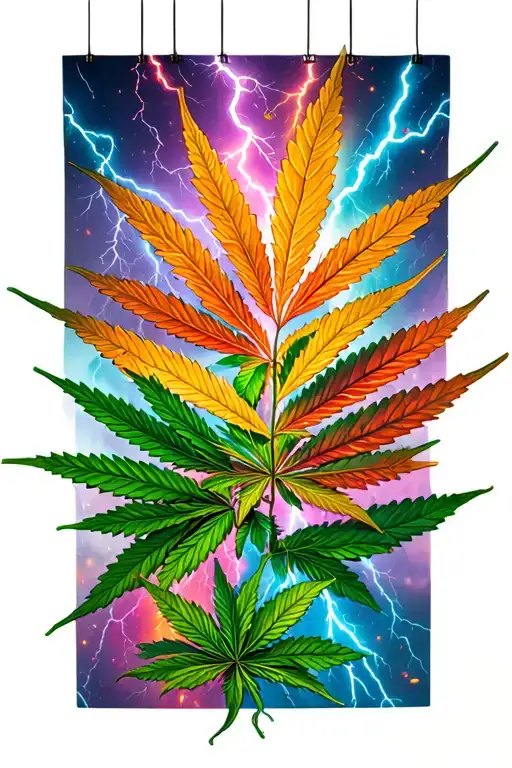 Weed Leafs Falling With Colorful Lightning Striking