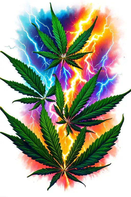 Marijuana Leafs Falling With Colorful Lightning Striking In The Background