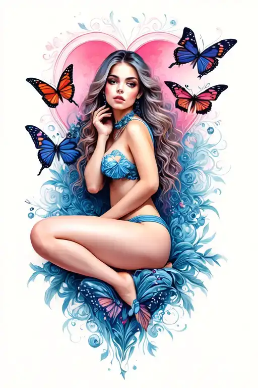 Butterflies Flying Heart Sexy Girl Sitting