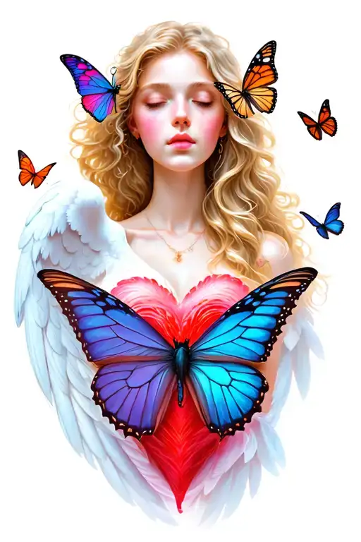 Butterflies Flying Heart Sexy Blond Girl Angel Watching