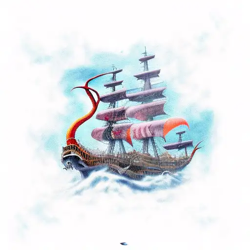 Giant Squid Attacking A Flying Pirate Ship