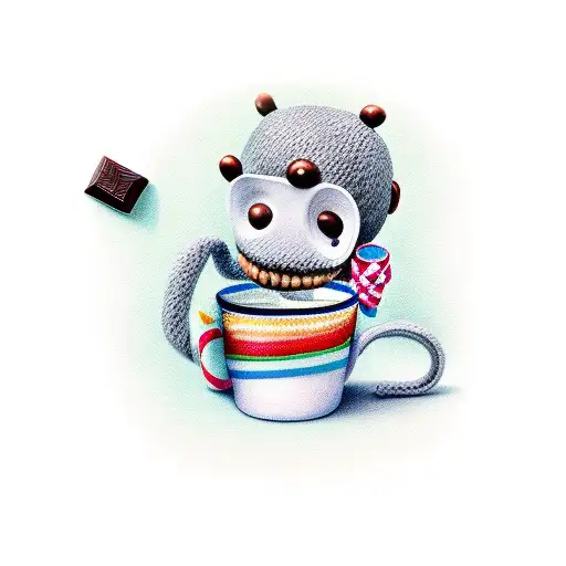 Sock Monkey Holding A Cup Of Chocolate Milk