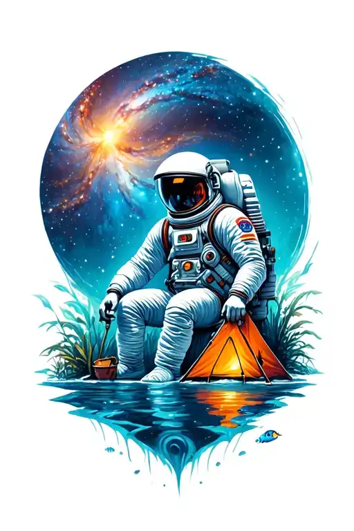 Man Camping Galaxy And Aquatic Life With Astronaut