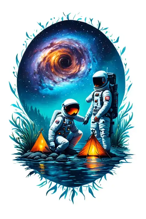 Man Camping Galaxy And Aquatic Life With Astronaut
